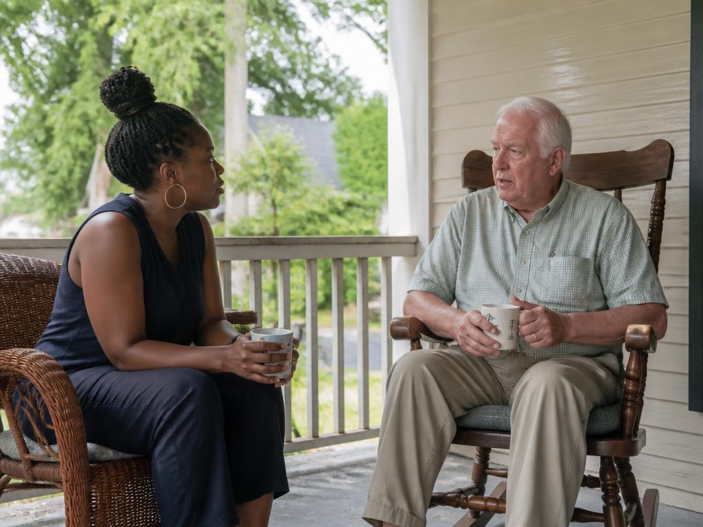 A LaBase Living staff member and the person she supports talking on a front porch on a summer afternoon
