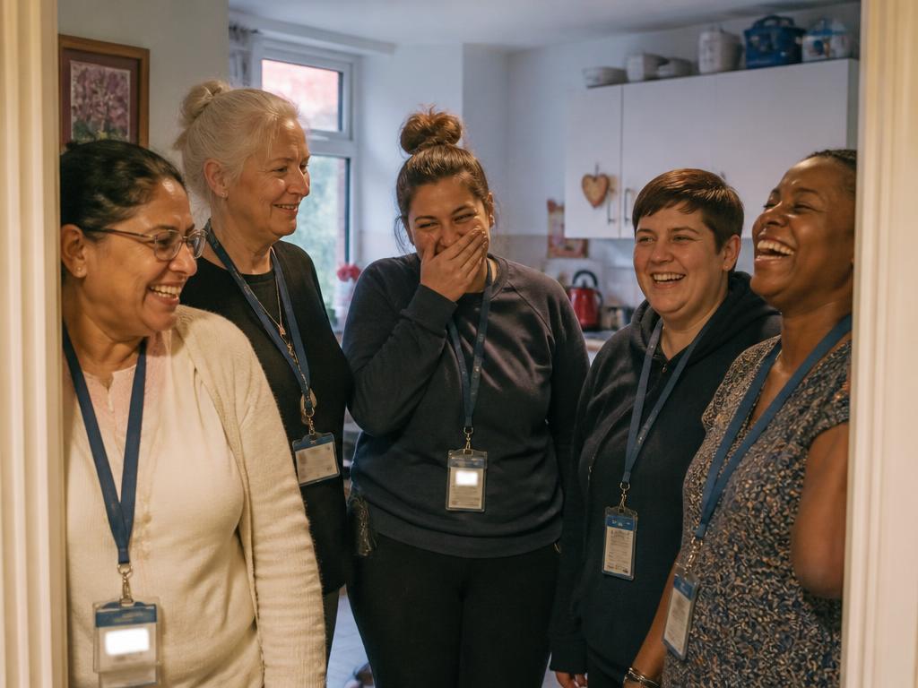 A diverse team of LaBase Living support staff gathered together, smiling and ready to support one another