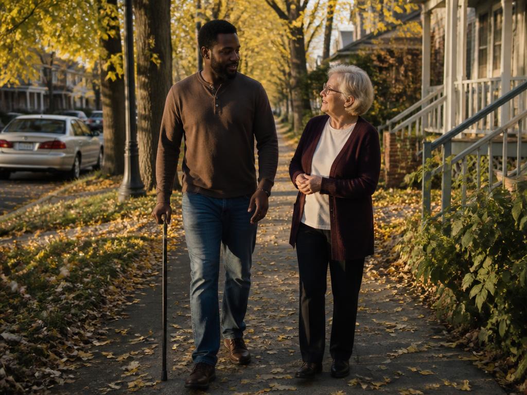 A direct support professional and an older woman walking together on a tree-lined Cedar Rapids sidewalk