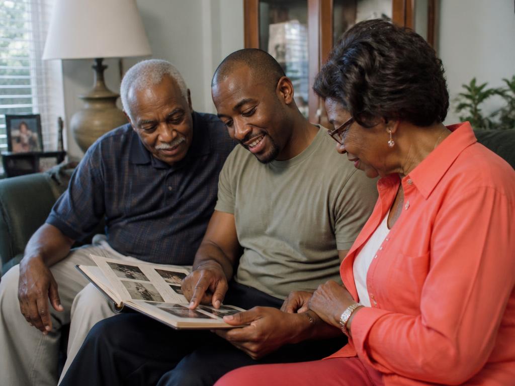 Three adults looking through a photo album together in the living room of a supported home