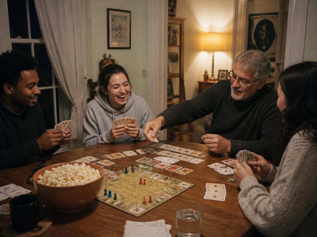 Housemates and staff laughing together during a board game night