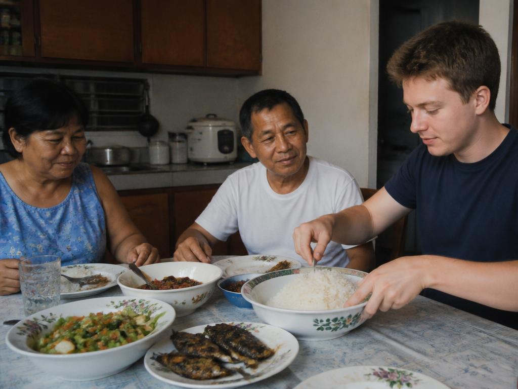 A host home family and member sharing a warm meal and conversation at the table