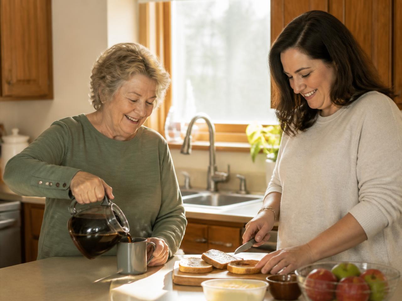 A host home provider and an adult guest making breakfast together in a bright home kitchen