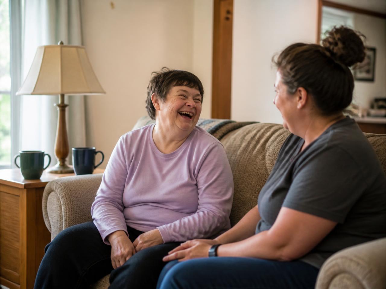 An adult resident and a support staff member laughing together on the sofa of a supported community home living room