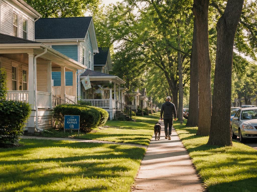 A resident and staff member walking together in a quiet Cedar Rapids neighborhood