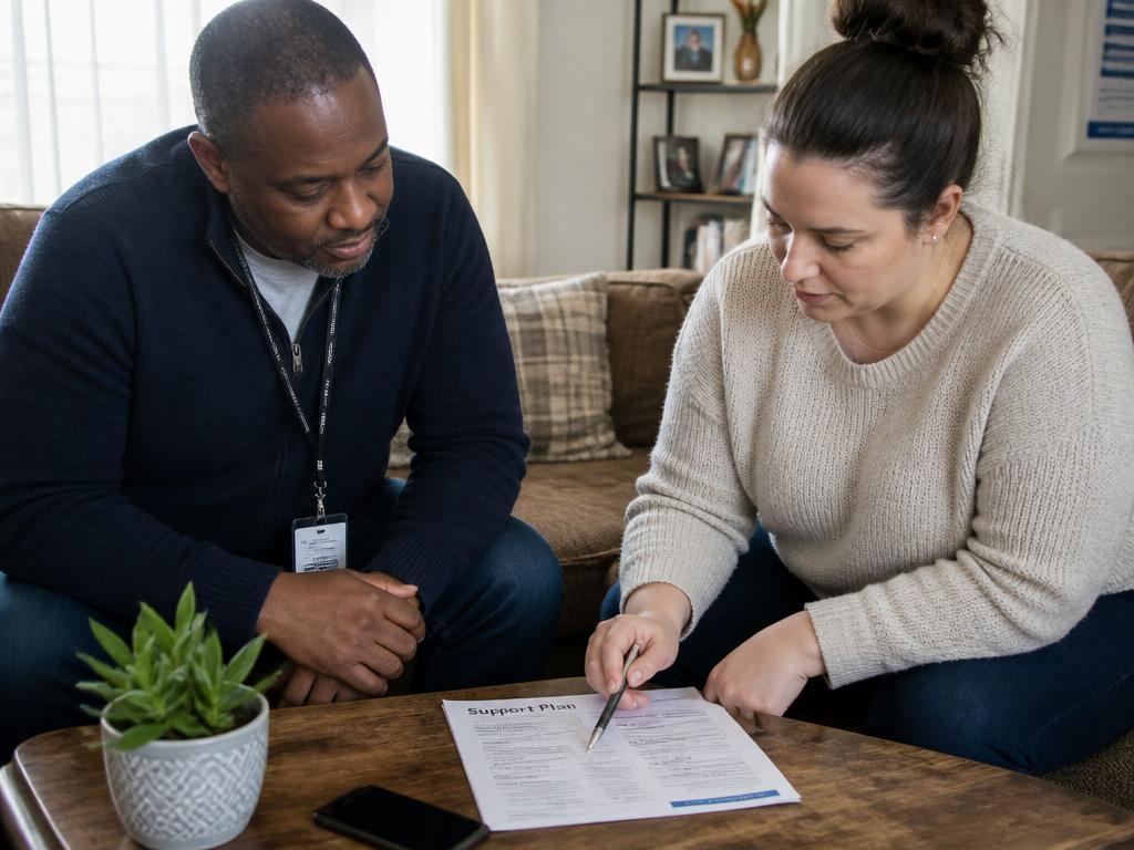 A resident and a direct support professional cooking a meal together in a home kitchen