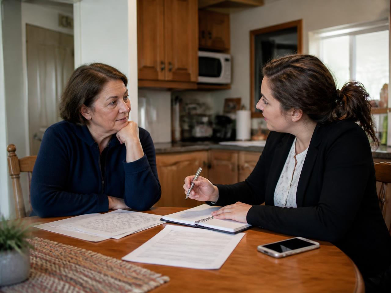 A family and a case manager reviewing provider options together at a kitchen table