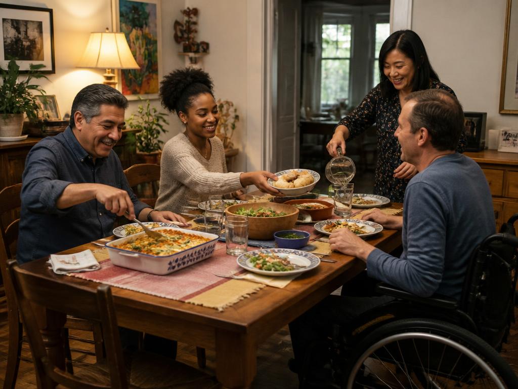 Residents and staff sharing an evening meal at a long dining table in a Cedar Rapids home