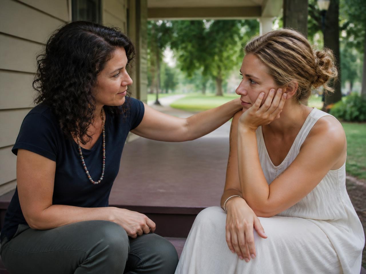 Two people talking quietly across a kitchen table while reviewing a written plan