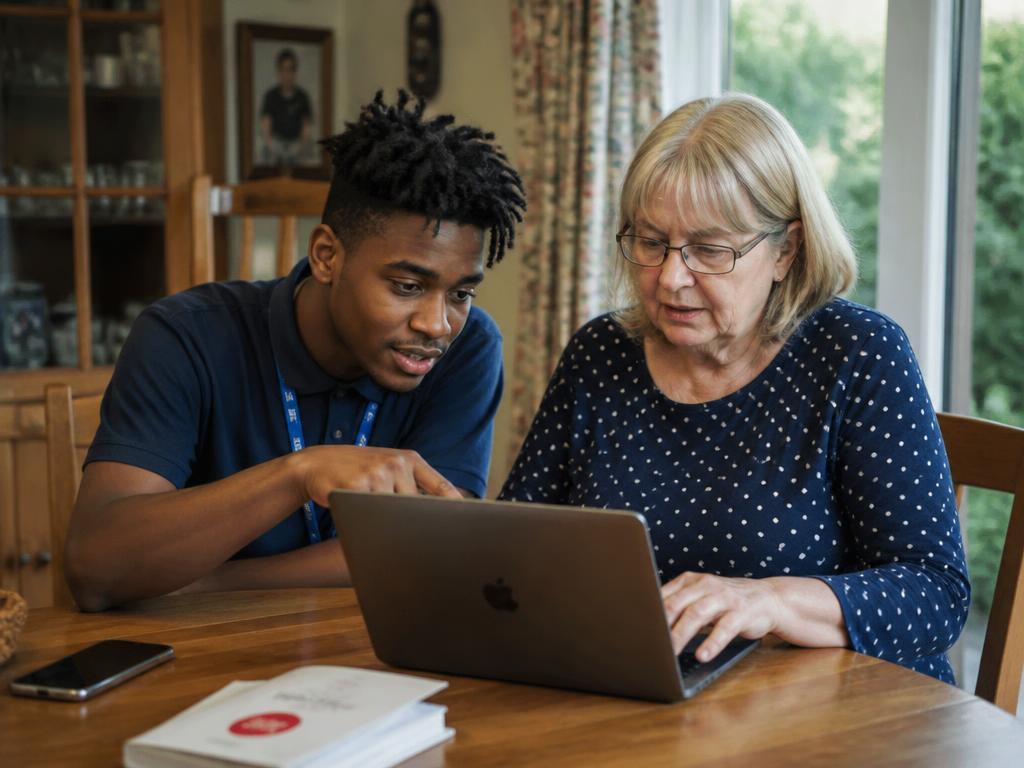 A young man learning to use a tablet while a support staff member sits beside him